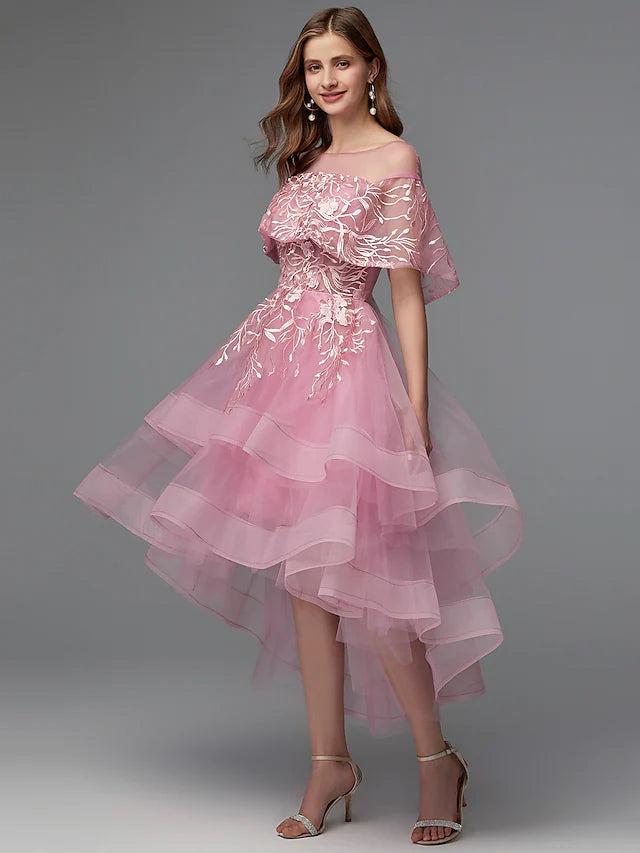 Elegantes A-Linien-Kleid für den Urlaub, asymmetrisch, ärmellos, Illusionsausschnitt, Spitzenband hinten mit Spitzeneinsatz